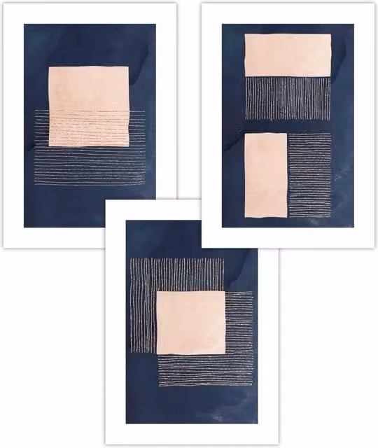 ARTZE Set of 3 Modern Abstract Geometric Art Paper Posters in Blue and Pink, W: 42 cm, H: 59 cm