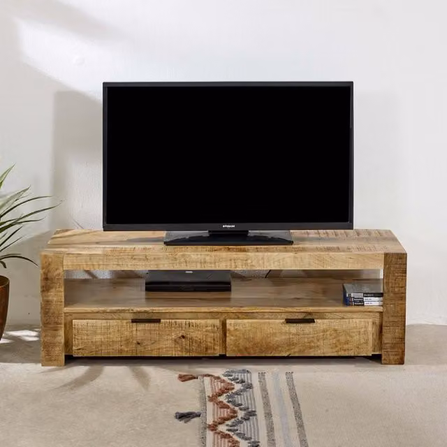 IH Design Bratton Mango Wood TV Stand with 2 Drawers in Brown, W: 130 cm, D: 40 cm, H: 40 cm – 1