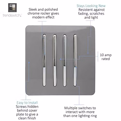 Trendi Modern Grey Plastic 4 Gang 2 Way Flush Plate Light Switch – 2