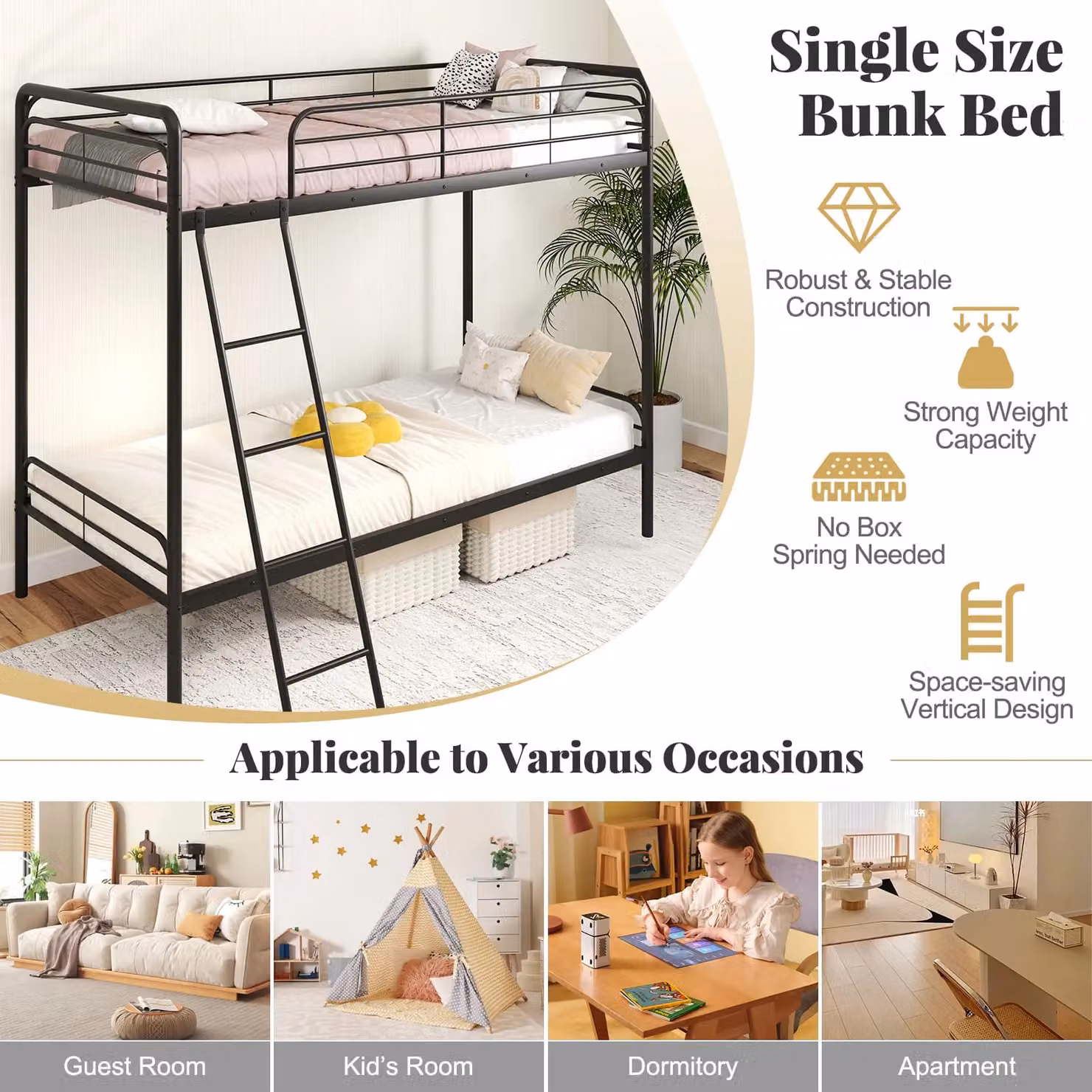 Gymax Heavy Duty Metal Single Over Single Bunk Bed with Ladder in Black – 3