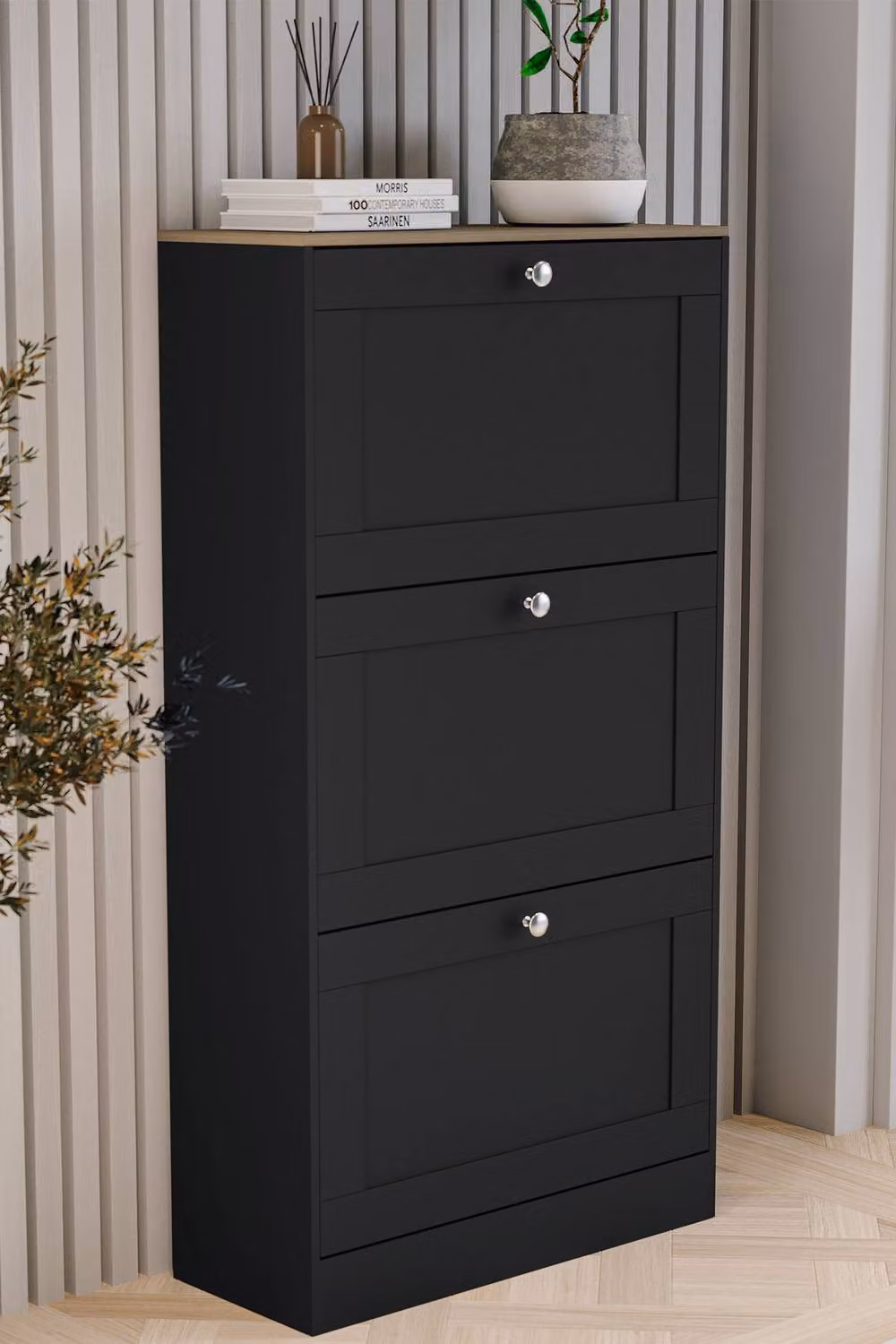 HD Designs Modern Black 3 Drawer Flip Down Shoe Cabinet with Internal Shelves and LED Lighting – 6
