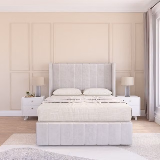 Sloomy Melbourne Super King Upholstered Wingback Bed Set in Silver Plush Velvet