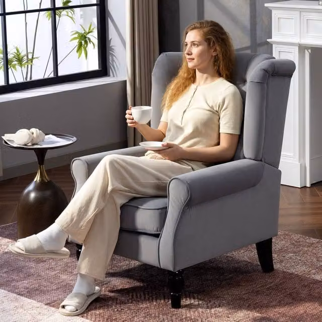 HOMCOM Retro Wingback Accent Armchair in Grey Velvet with Solid Wood Frame – 1