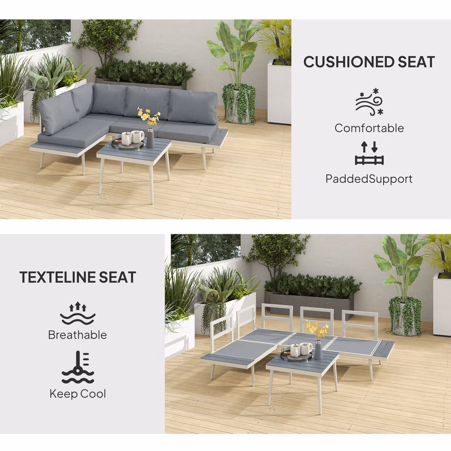 Outsunny 3 Piece L-Shaped Garden Furniture Set in Grey with Cushions, Corner Sofa, 2-Seater and Coffee Table – 5