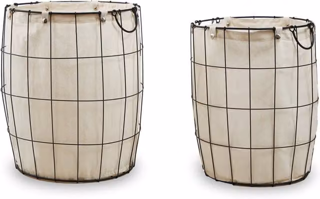 Orsina Set of Two Matte Black Wire Laundry Baskets with Removable Cotton Fabric Bags and Handles