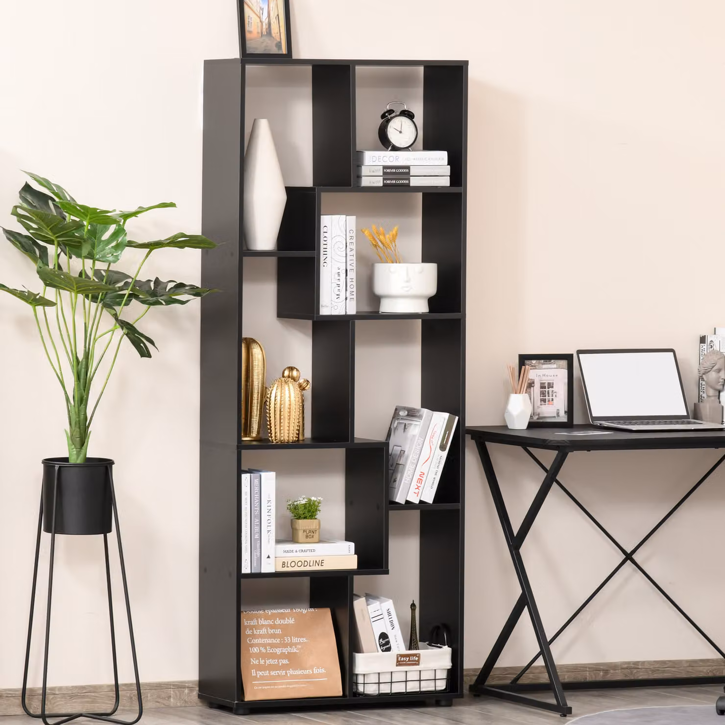 HOMCOM 8-Tier Freestanding Black Melamine Bookshelf and Modern Cube Display Unit – 2