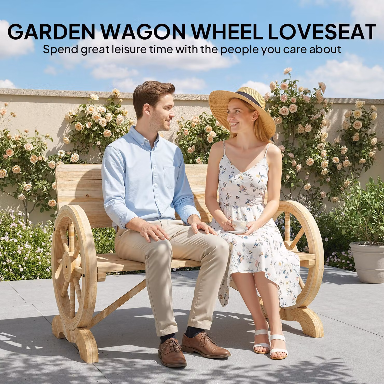 Outsunny 2-Seater Outdoor Garden Wagon Wheel Bench in Brown Rustic Wood Finish – 6