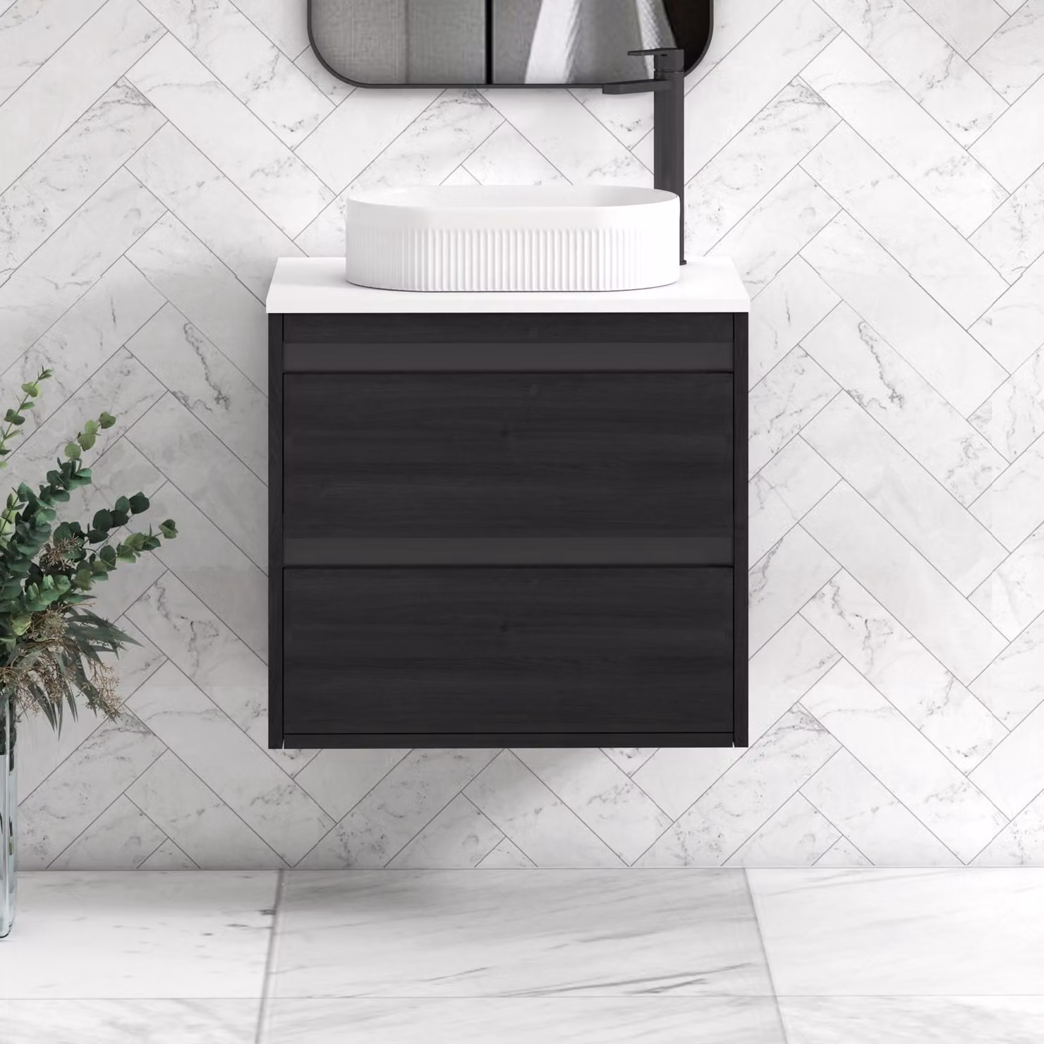 Royal Bathrooms Orion 600mm Hale Wall Hung Vanity Unit with Lyon Basin and 2 Drawers in Plain White and Black Accent Trim
