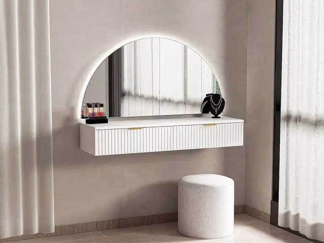 Vente-unique White Wall-Mounted Dressing Table with Hollywood LED Mirror and 2 Drawers
