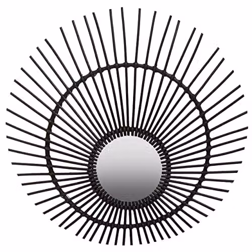 Orsina Black Rattan and Wood Round Boho Wall Mirror W: 80 cm, D: 3 cm, H: 80 cm – 1