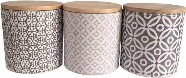 DEENZ Set of 3 Grey and White Geometric Ceramic Canisters with Bamboo Lids