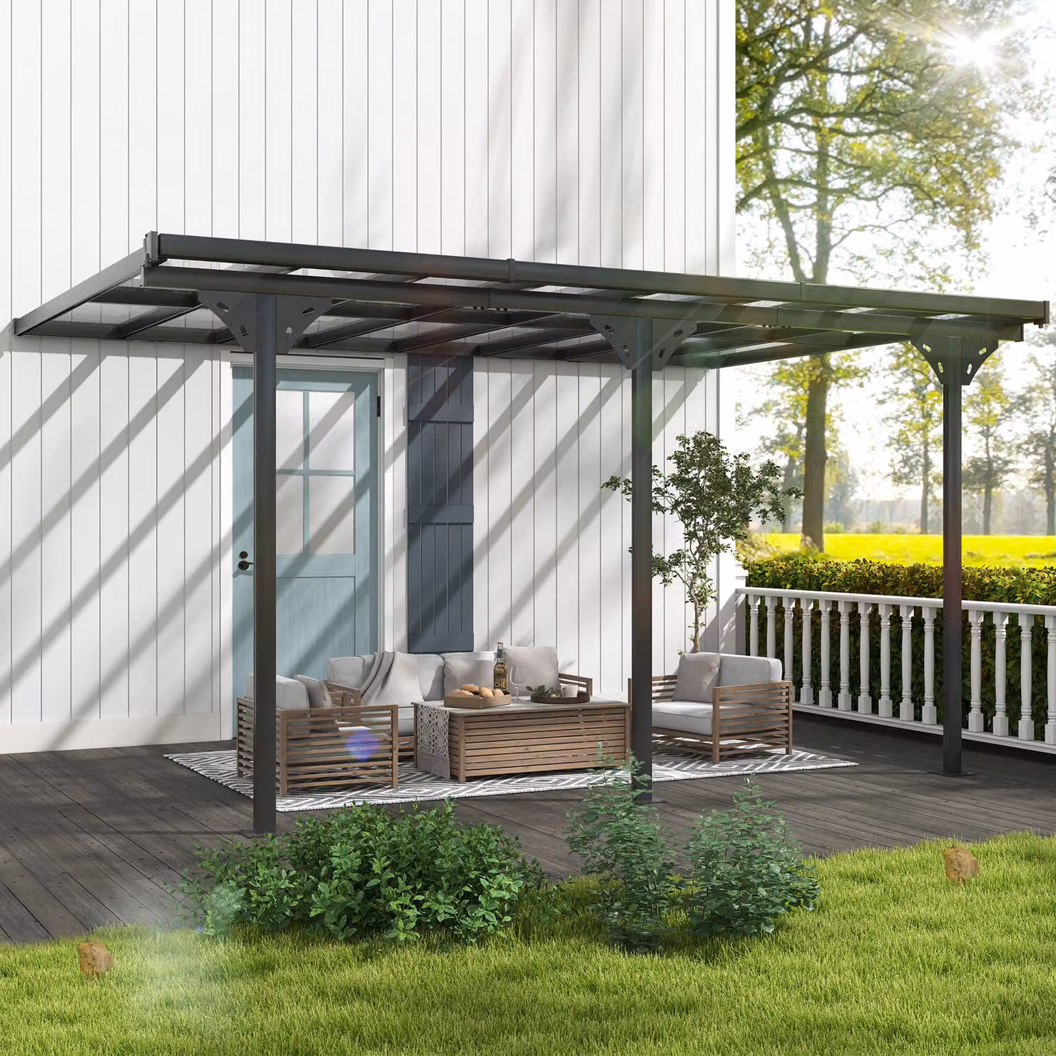 Outsunny Grey Wall-mounted Aluminium Lean-to Pergola with Polycarbonate Roof and Curtains, W: 435 cm, D: 300 cm – 2