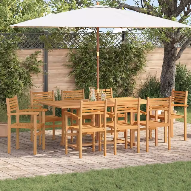 Berkfield Home Set of 8 Stacking Garden Chairs in Brown Teak Wood, W/D/H: 55.5 x 55.5 x 90 cm