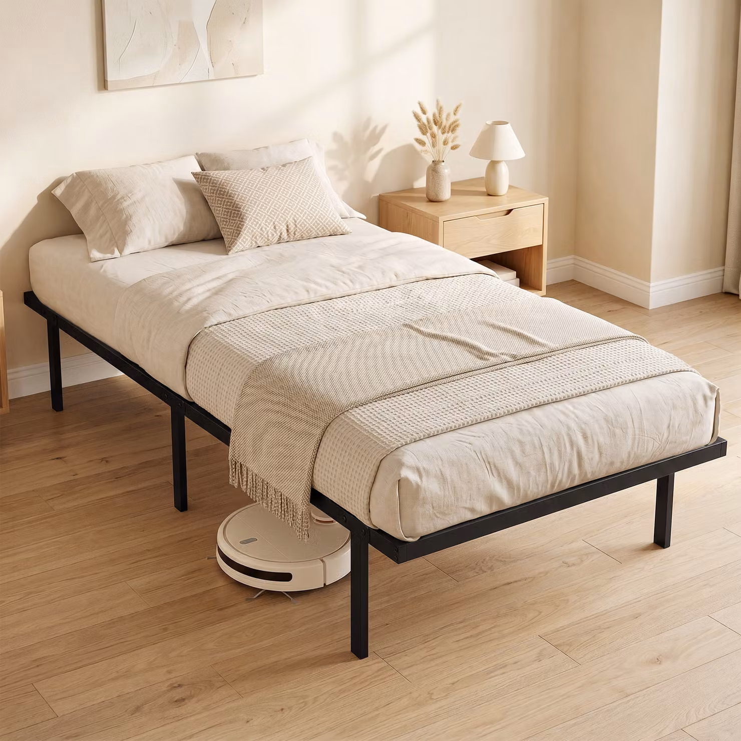 HOMCOM Single Bed Frame with Underbed Storage, Black Metal Platform Bed with Steel Slat Support, W/D/H: 90 x 190 cm – 2