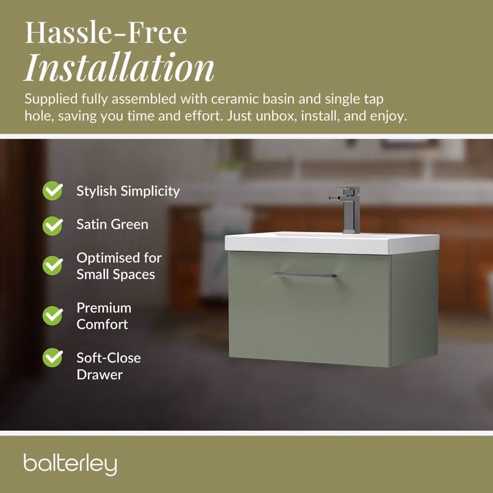 Balterley 600mm Wall Hung 1 Drawer Vanity Basin Unit in Satin Green with Pewter Handle – 4
