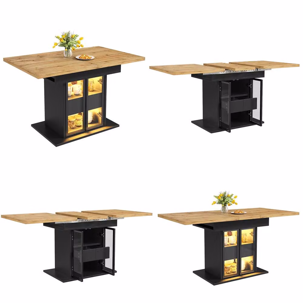 Merax Extendable 4-6 Seater Rectangular Dining Table with LED Lighting and Storage Base in Black – 3