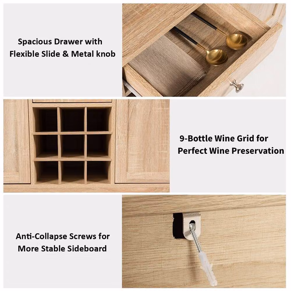 Gymax Natural Wood Farmhouse Kitchen Buffet Sideboard and Cupboard Organiser with 9 Wine Racks in Rustic Sand Beige Brown – 3