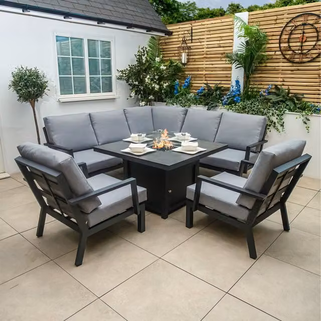 Bracken Outdoors Miami Deluxe Aluminium Compact Set with Firepit Table and 2 Armchairs in Anthracite Grey