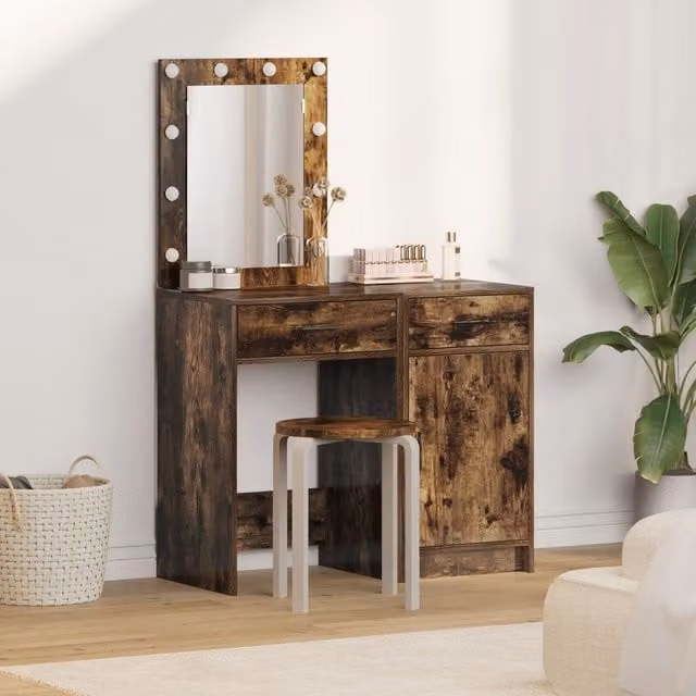 Berkfield Home 2 Piece Hollywood LED Dressing Table Set in Smoked Oak Brown Engineered Wood