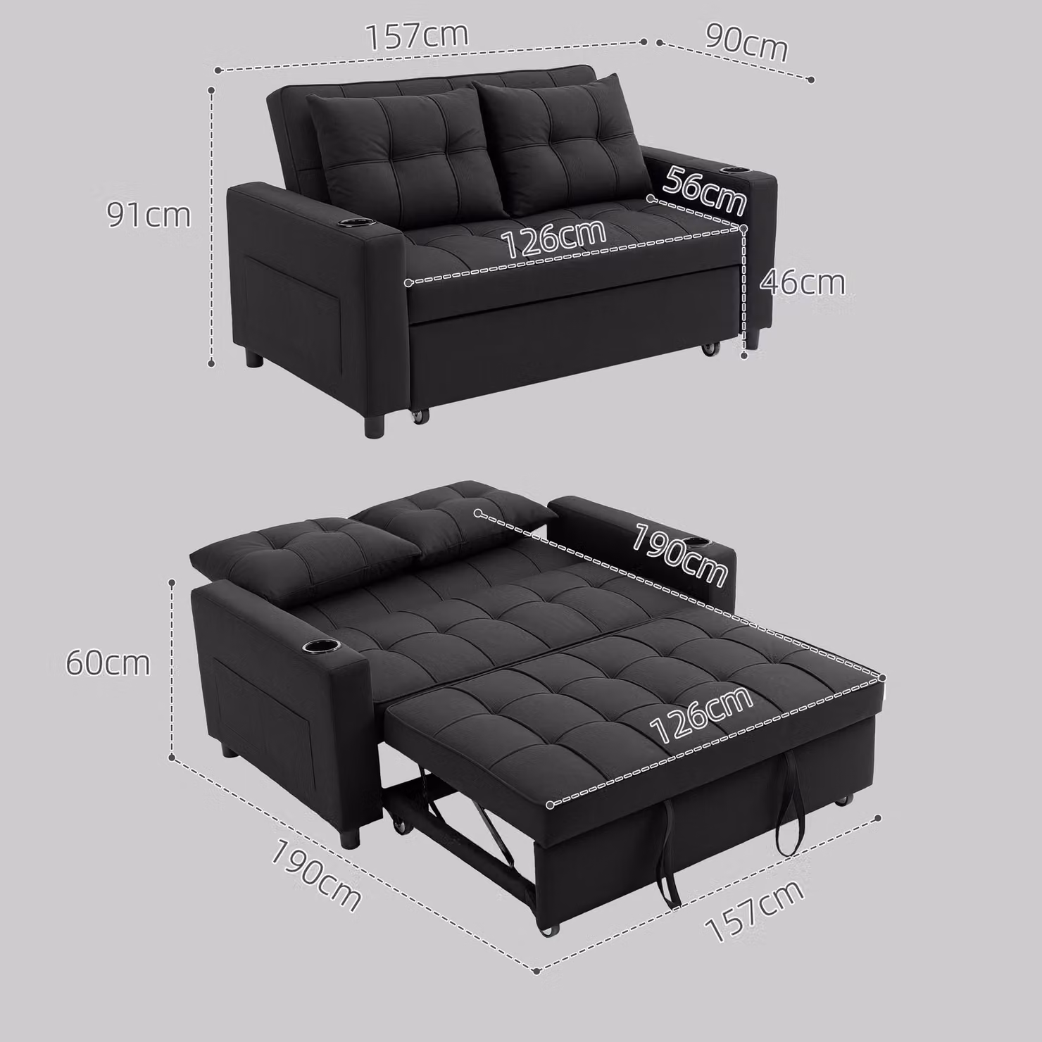 HOMCOM Two-Seater Click-Clack Pull-Out Sofa Bed with Cup Holders in Black – 3