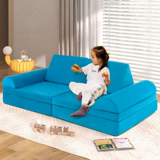 Costway 6-Piece Modular Kids Play Couch Sofa Set, Convertible Soft Foam Playset in Turquoise and Black – 1