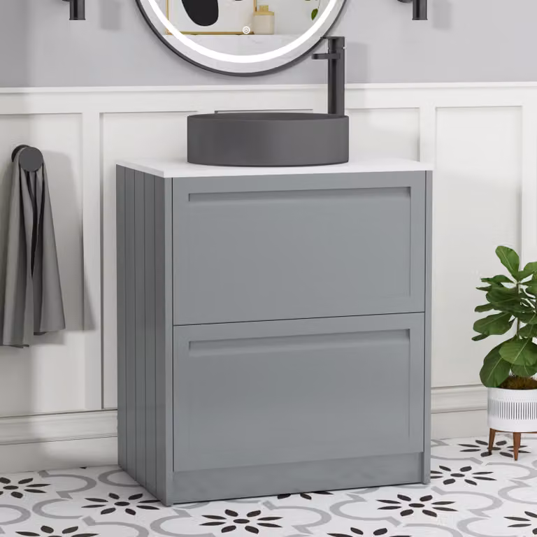 Royal Bathrooms Elmore 700mm Floor Standing 2 Drawer Vanity Unit in Matt Pebble Grey with Plain White Worktop and Art Round Basin