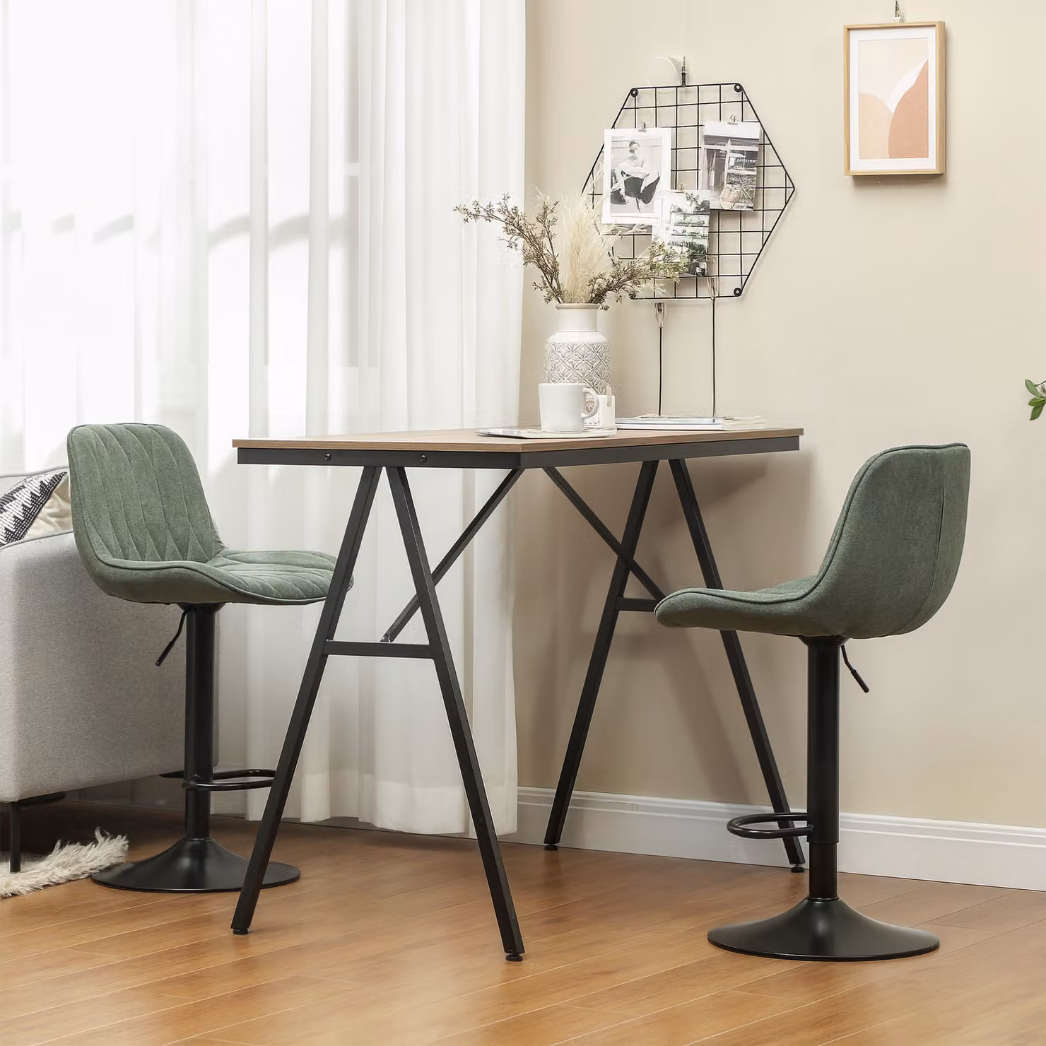 HOMCOM Set of 2 Adjustable Height Breakfast Bar Stools with 360 Degree Swivel and Green Linen Upholstery – 2