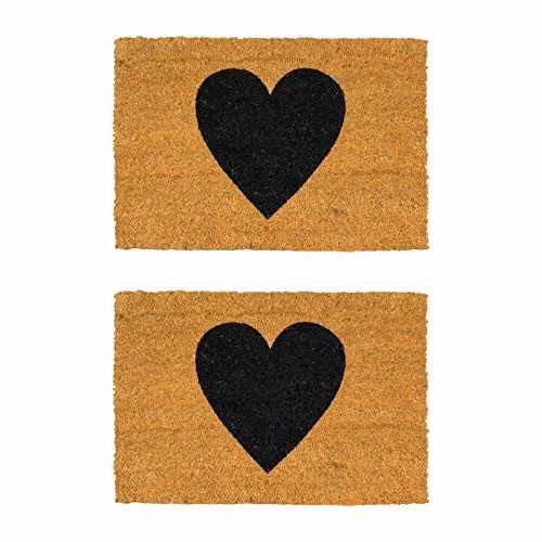 Nicola Spring Coir Door Mat Set of 2, Black Heart Design, W: 60 cm, D: 40 cm – 1