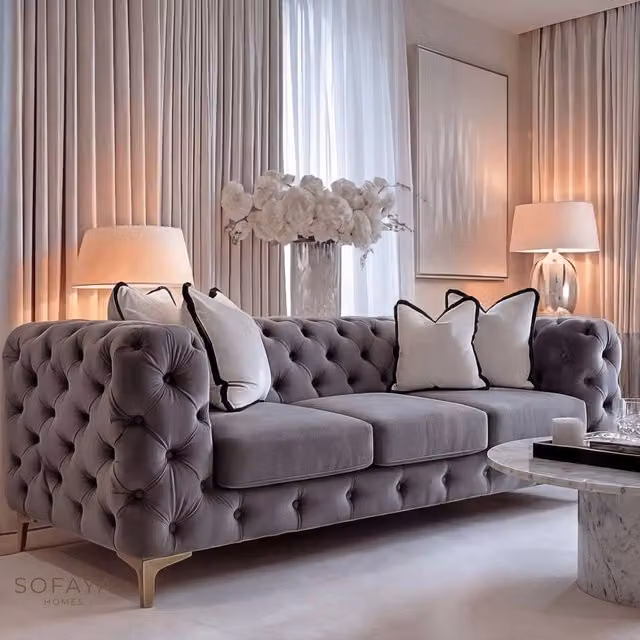 Sofaya Monaco Chesterfield Velvet 3+2 Seater Sofa Set in Grey – 1