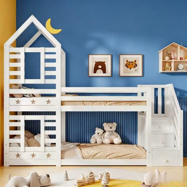 Rolipo White Solid Pine Kids Cabin Bed with Storage and Window, W/D/H: 90 x 190 x 120 cm