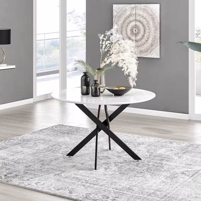 FurnitureboxUK Novara Round 6-Seater Dining Table with White Gloss Top and Black Metal X-Frame Legs, Diameter: 120 cm