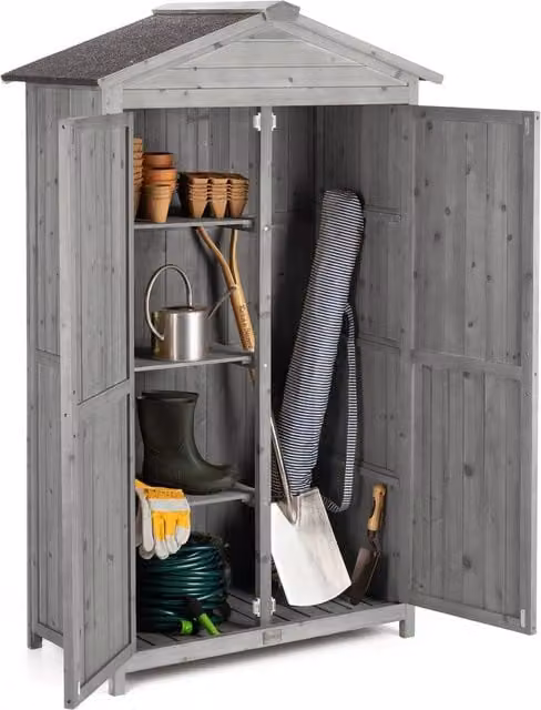 Christow Grey Slim Double Door Garden Storage Shed with Shelving, W/D/H: 64 x 41.4 x 166 cm