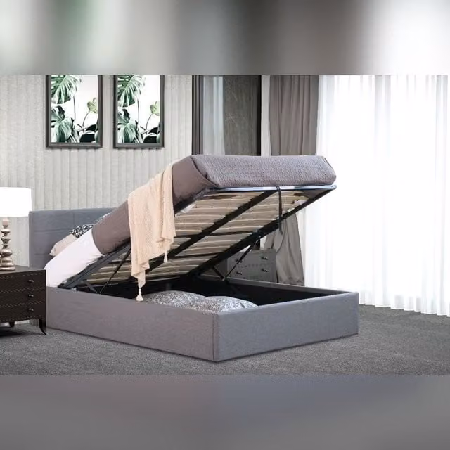 Comfy Living Ltd Upholstered Linen Fabric Gas Lift Ottoman Bed in Grey, W/D/H: 140 x 200 cm