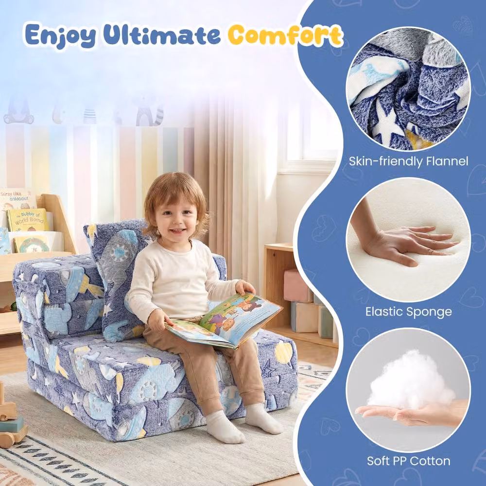 Costway Glow In the Dark 3-in-1 Fold Out Kids Sofa Bed with Zippered Covers, Navy Blue – 5