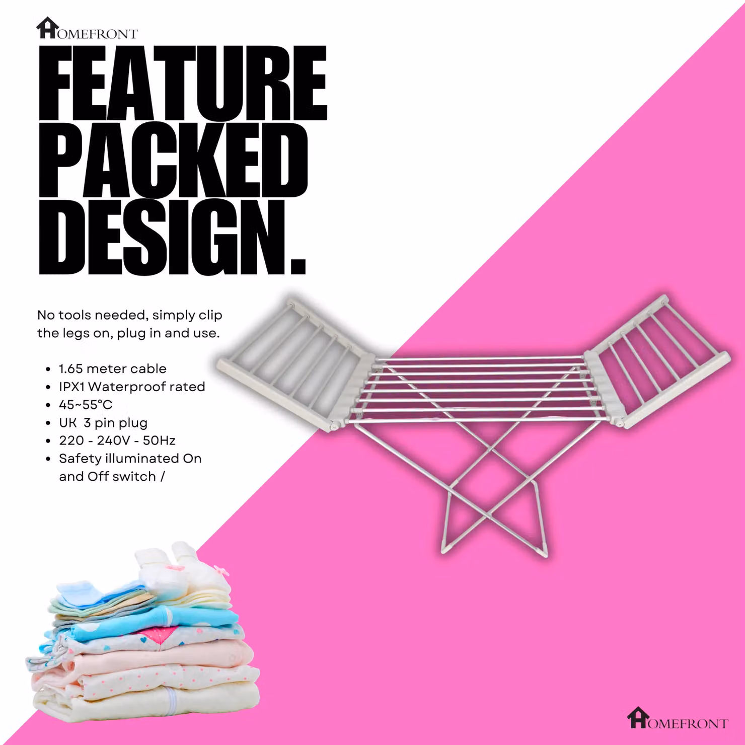 Homefront Electric Heated Indoor Clothes Airer Dryer, Foldable Metal Rack, Off-White – 2