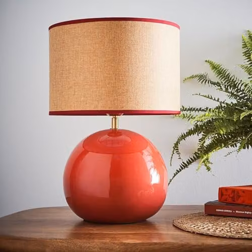 K LIVING Lata Round Ceramic Table Lamp in Red with Fabric Shade, Height: 44 cm