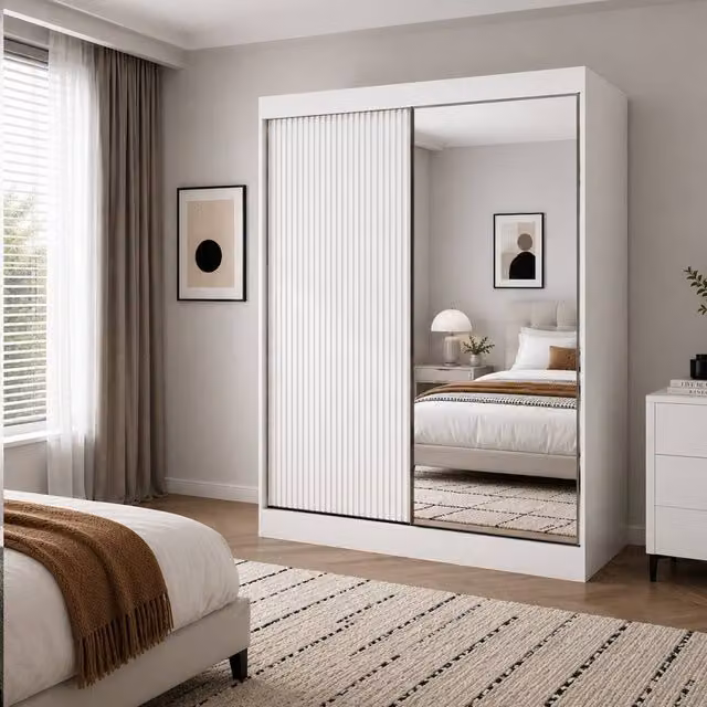 KDMD Kensington Modern White Sliding Wardrobe with Mirror and Fluted Doors, W/D/H: 200 x 62 x 220 cm