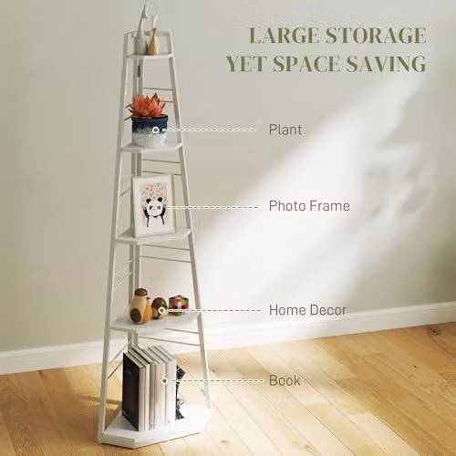 HOMCOM 5-Tier Corner Shelf with Metal Frame and Adjustable Feet, White, H: 160 x W: 37.5 x D: 25 cm – 3