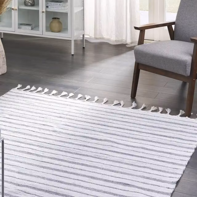 Wyld and Coco White Striped Handwoven Indoor-Outdoor Area Rug, W: 160 cm, L: 230 cm – 1