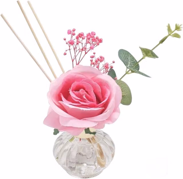 Kingsbury Gifts Velvet and Oud Reed Diffuser with Pink Artificial Rose and Glass Bottle Vase, 100ml