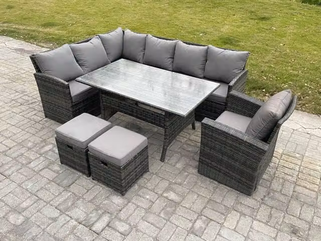 Fimous Outdoor Rattan Garden Furniture Set with Corner Sofa, Rectangular Dining Table, 2 Small Footstools and Armchair in Dark Grey