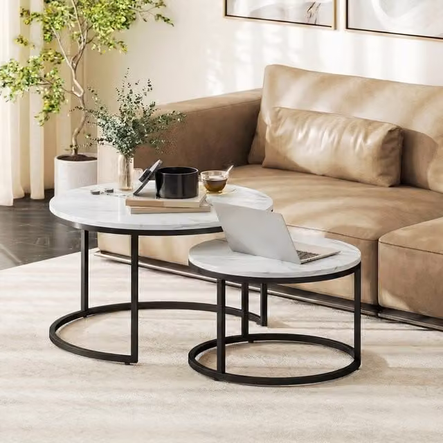 HOMCOM 2 Piece Modern Stacking Coffee Table Set with Steel Frame and White Marble Composite Tops