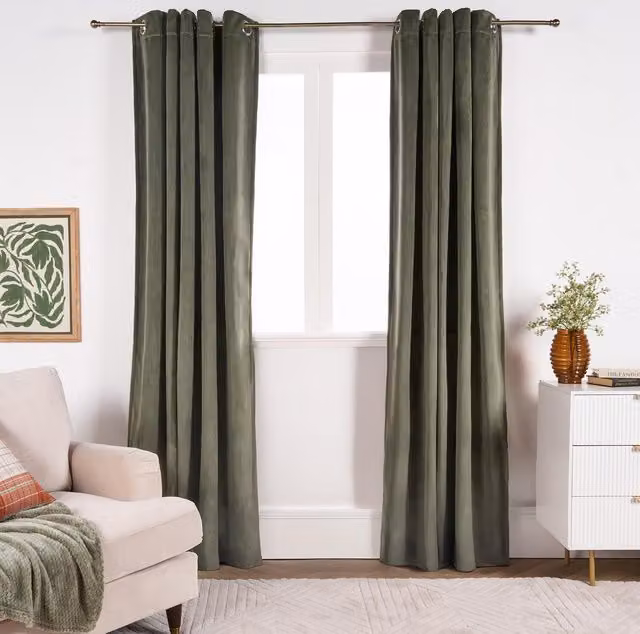 OHS Thermal Matte Velvet Eyelet Curtains, 2 Pairs, Green, Width: 168 cm, Drop: 229 cm