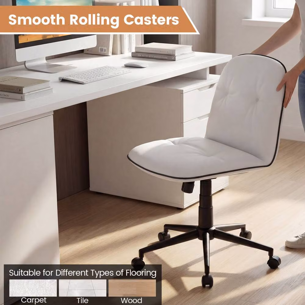 Gymax Armless Swivel Home Office Task Chair in White PU Leather – 4