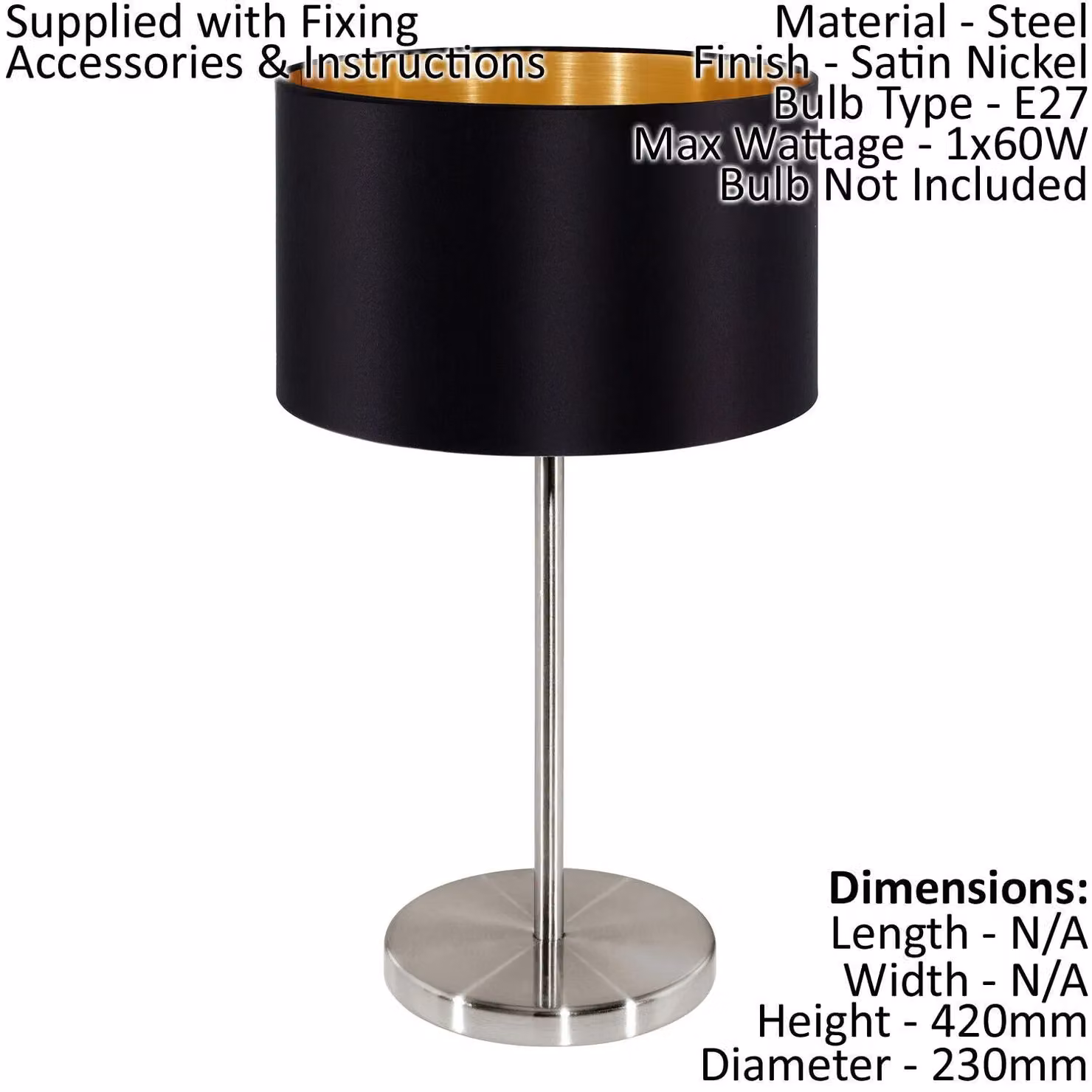 Loops Table Lamp in Black and Gold with Fabric Shade and Steel Base, E27 1x60W – 2