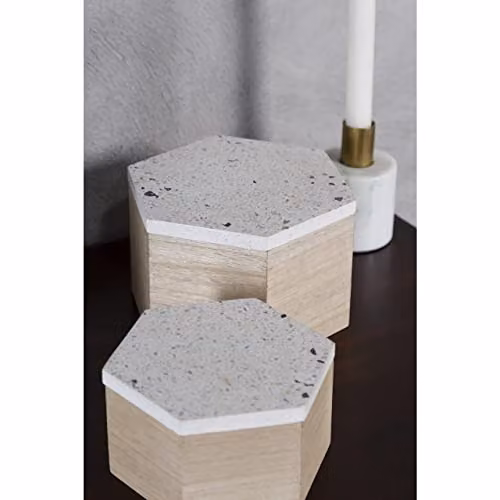 Premier Housewares Small Terrazzo Lid Trinket Box in White and Beige with Solid Wood Base – 3