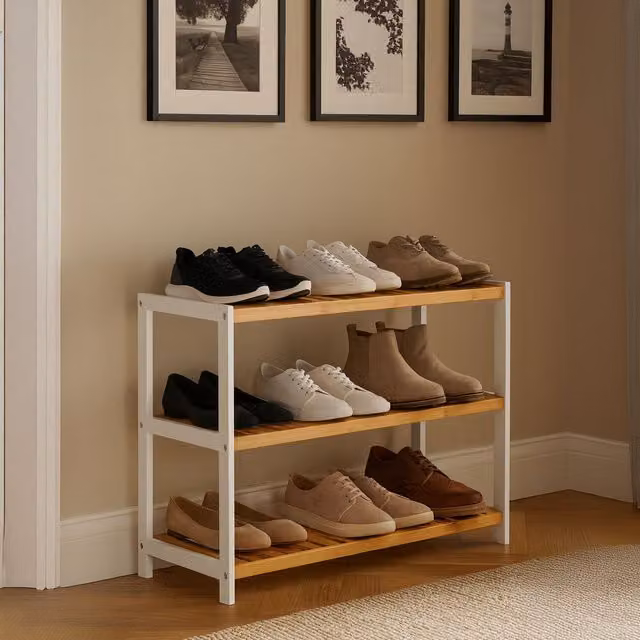 Neo 3-Tier Bamboo Shoe Rack Stand in White and Wood