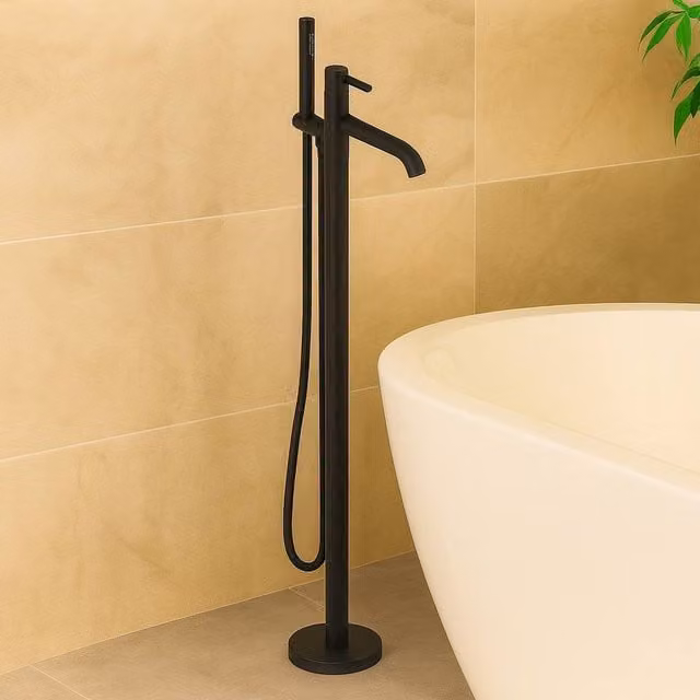 Bathroom Kingdom Redondo Matt Black Round Freestanding Bath Tap with Shower Mixer