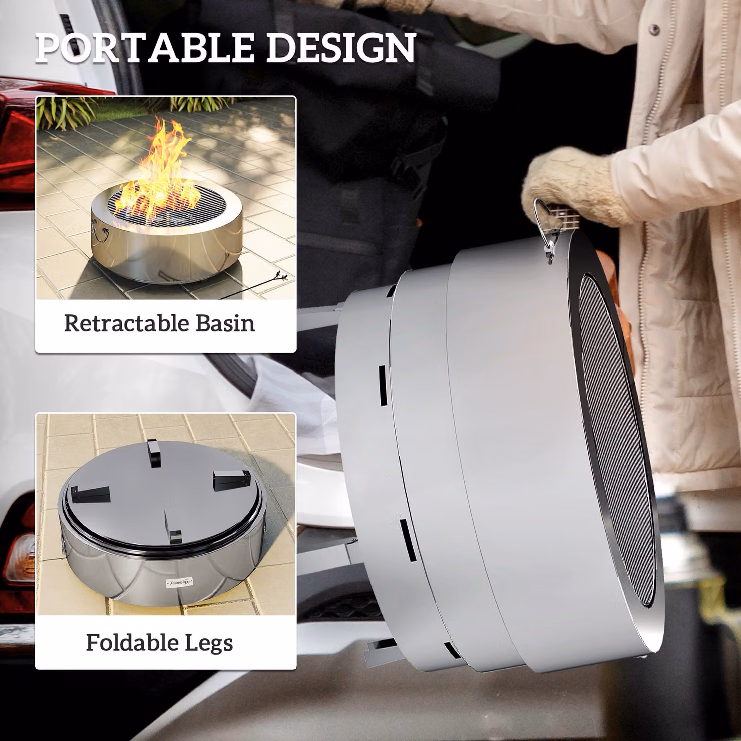 Outsunny Stainless Steel Wood-burning Fire Pit with Fire Poker, Silver – 5
