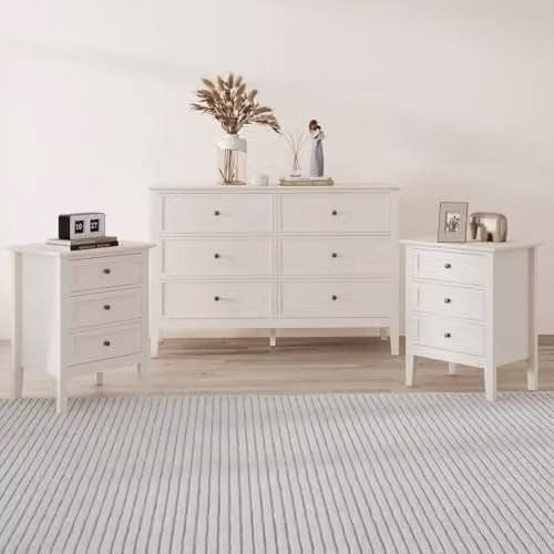 Melody Maison Rowley Pale Cream 6 Drawer Chest of Drawers and Pair of 3 Drawer Bedside Tables in Solid Wood